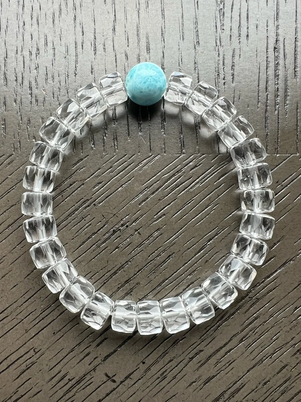 HQ Faceted Clear Quartz with Larimar bracelet 8-11mm SIZE 6.75’